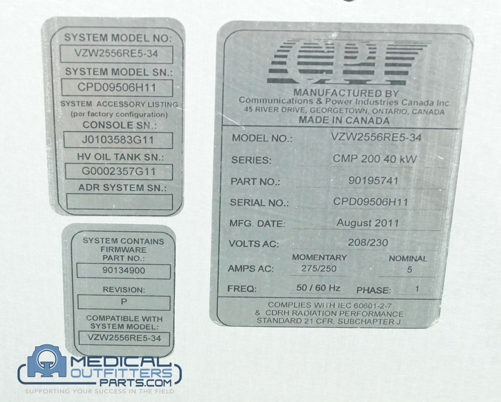 CPI  X-Ray CMP 200 Series Generator, Console and Tube, PN 90195741, VZW2556RE5-34