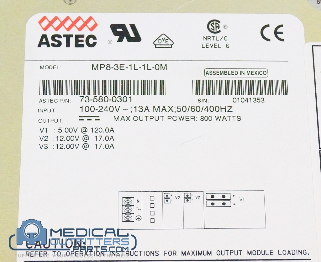Astec Power Supply 100-240V, 13A, 50/60/400Mz, PN MP8-3E-1L-1L-OM, 73-580-0301