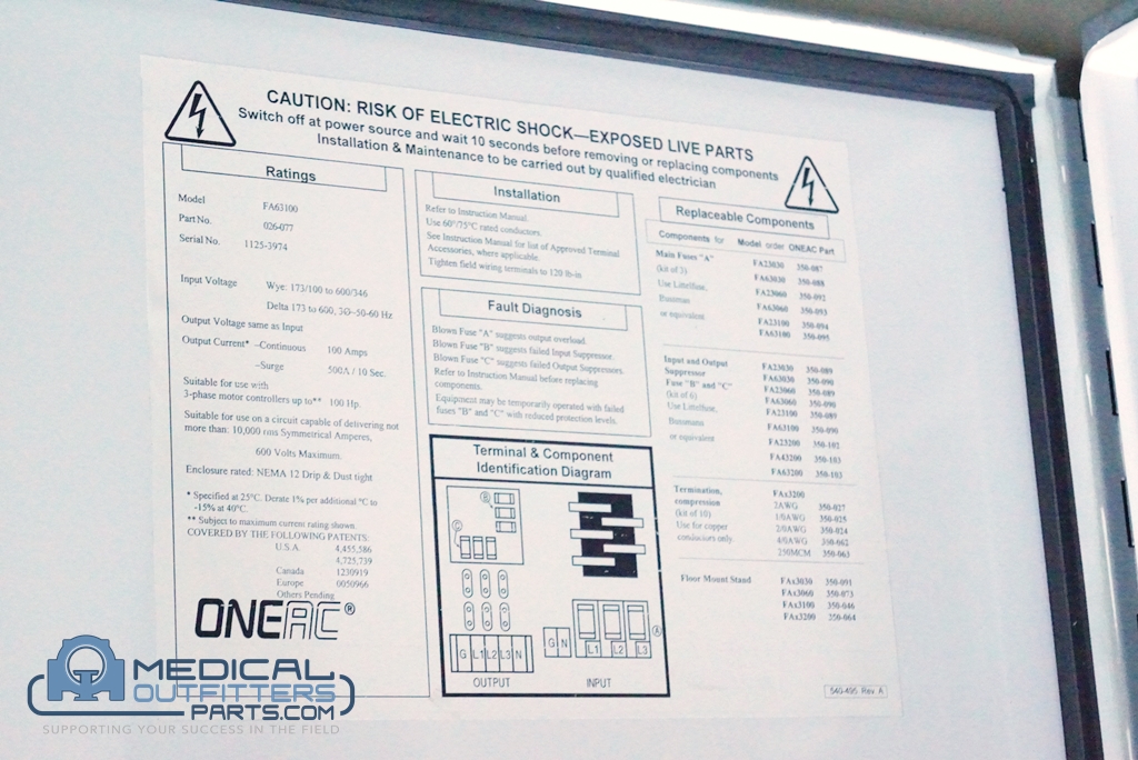 OneAc Power Conditioner 60Amp, 3 Phase, PN 23060, FA63100, 026-077