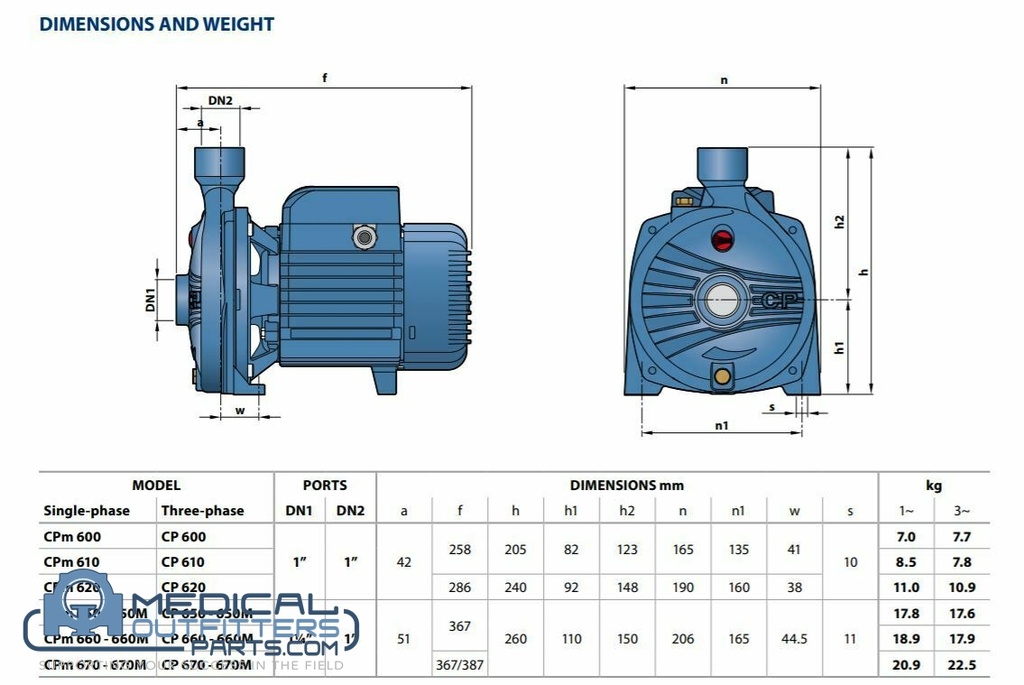 Centrifugal Pedrollo Pump CP 600 V.220/440/60HZ. 0.5HP 3-Phase, PN CP600