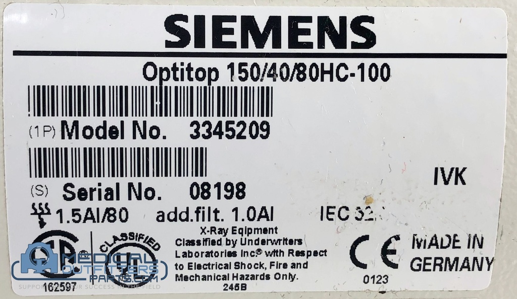 Siemens X-Ray Optitop 150/40/80HC-100, PN 3345233, 3345209