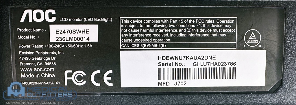 AOC MONITOR LCD 23.6'', PN 236LM00014