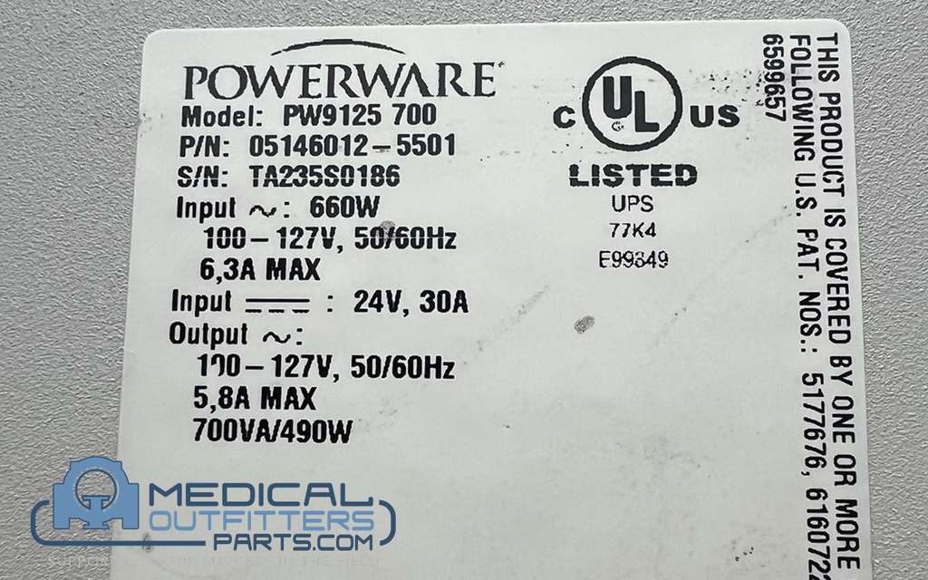 Powerware 9125 UPS Input 660W, 100/127V, 50/60Hz, 6.3A MAX, PN 05146012-5501, PW9125 700
