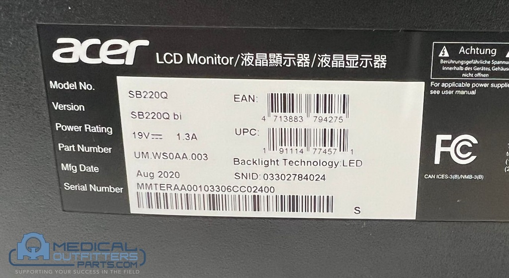 ACER 17" LCD Monitor, Interface DVI/VGA, PN SB220Q