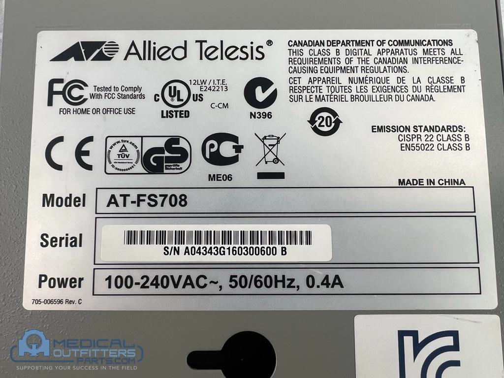 GE Mammography Ethernet Switch 100/240 VAC 50/60 Hz 3.34W, PN FS708, 2382605