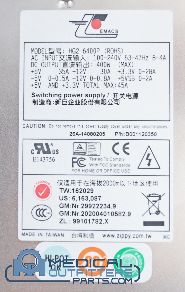 Emacs EPS Switching Server Power Supply, 400W ATX Active PFC 100-240V, 63-47Hz, 8-4A, PN HG2-6400