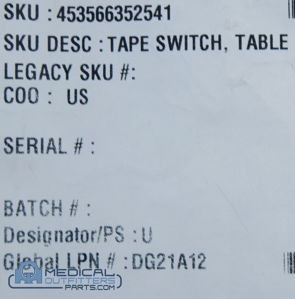 Philips/PICKER CT Tape Switch Table, PN 453566352541