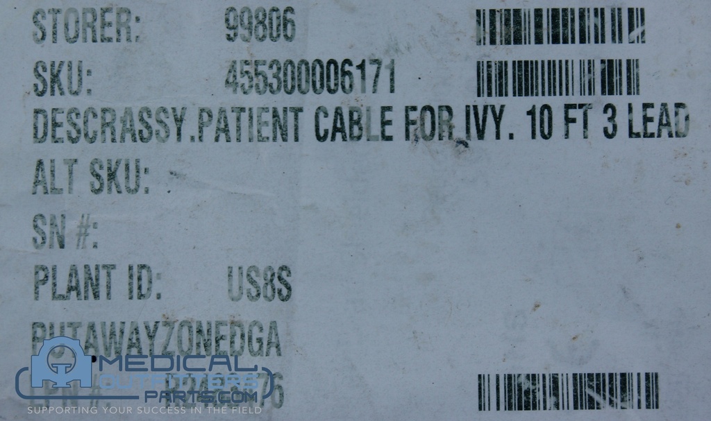 Philips CT Assy Patient Cable For Ivy. 10 FT 3 Lead, PN 455300006171