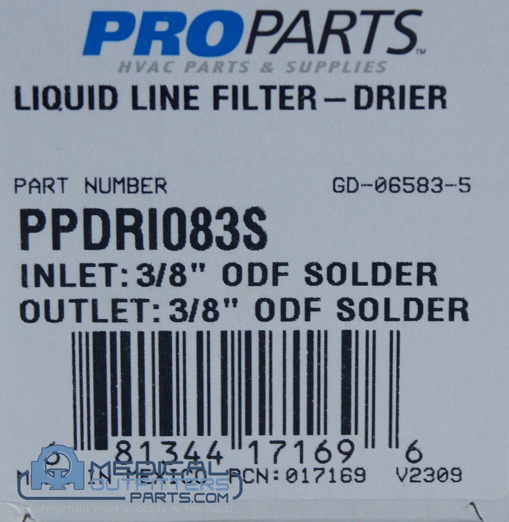Liquid Line Filter-Drier Inlet: 3/8 ODF Solder Outlet 3/8 ODF Solder, PN PPDRI083S