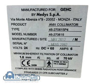 GE Amx 4 Plus X-Ray Collimator, PN 46-270615P4 