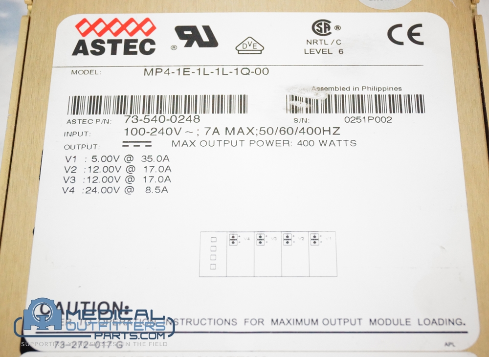 GE Xeleris 2ND NIC Gantry PCU Power Supply, 400W, 100-240V, 7A, 50/60/400Hz, PN 2323285, 73-540-0248