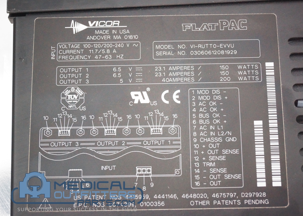 Vicor FlatPac Switching Power Supply, 100-240V, 11.7/5.8A, 47-63Hz, PN VI-RUTTO-EVVU, VIRUTTOEVVU