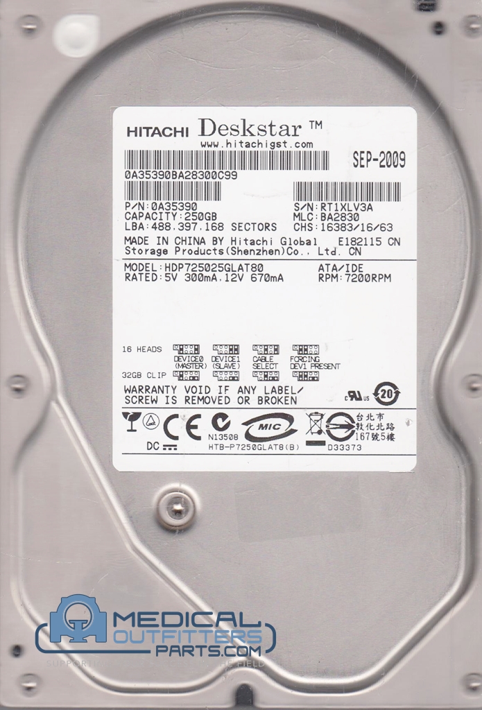 Hitachi HDD 250GB, 7.2K, PATA, 3.5 Inch, 8MB Cache, PN 0A35390