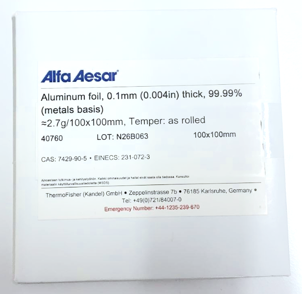 (TOOL) Mammo Calibration Aluminum foil, 0.1mm (0.004in) thick, 99.99% (metals basis), PN 40760 